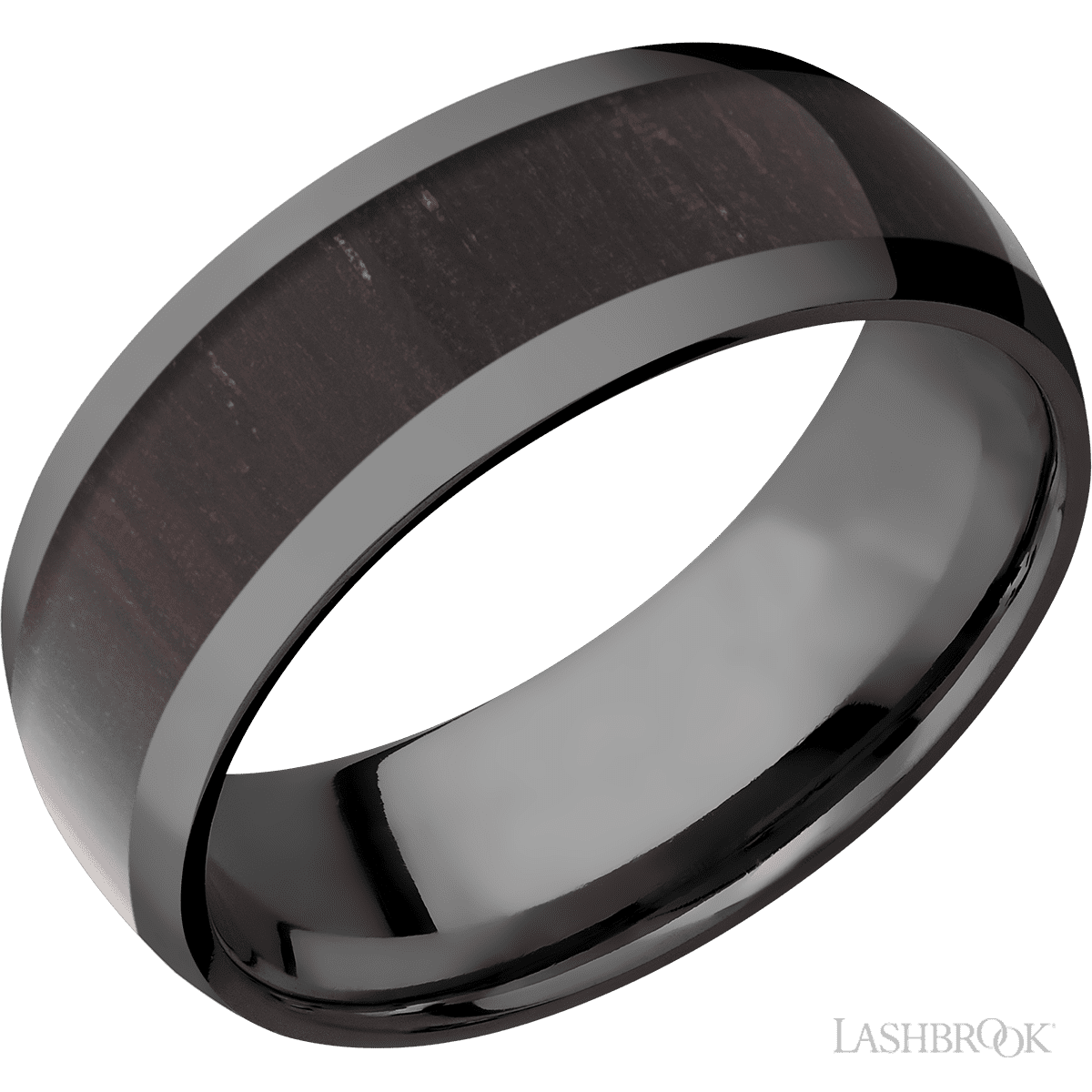 8 mm wide/Domed/Zirconium band with one 5 mm Centered inlay of Wenge