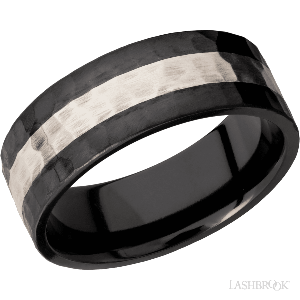 8 mm wide/Flat/Zirconium band with one 3 mm Centered inlay of Palladium Silver
