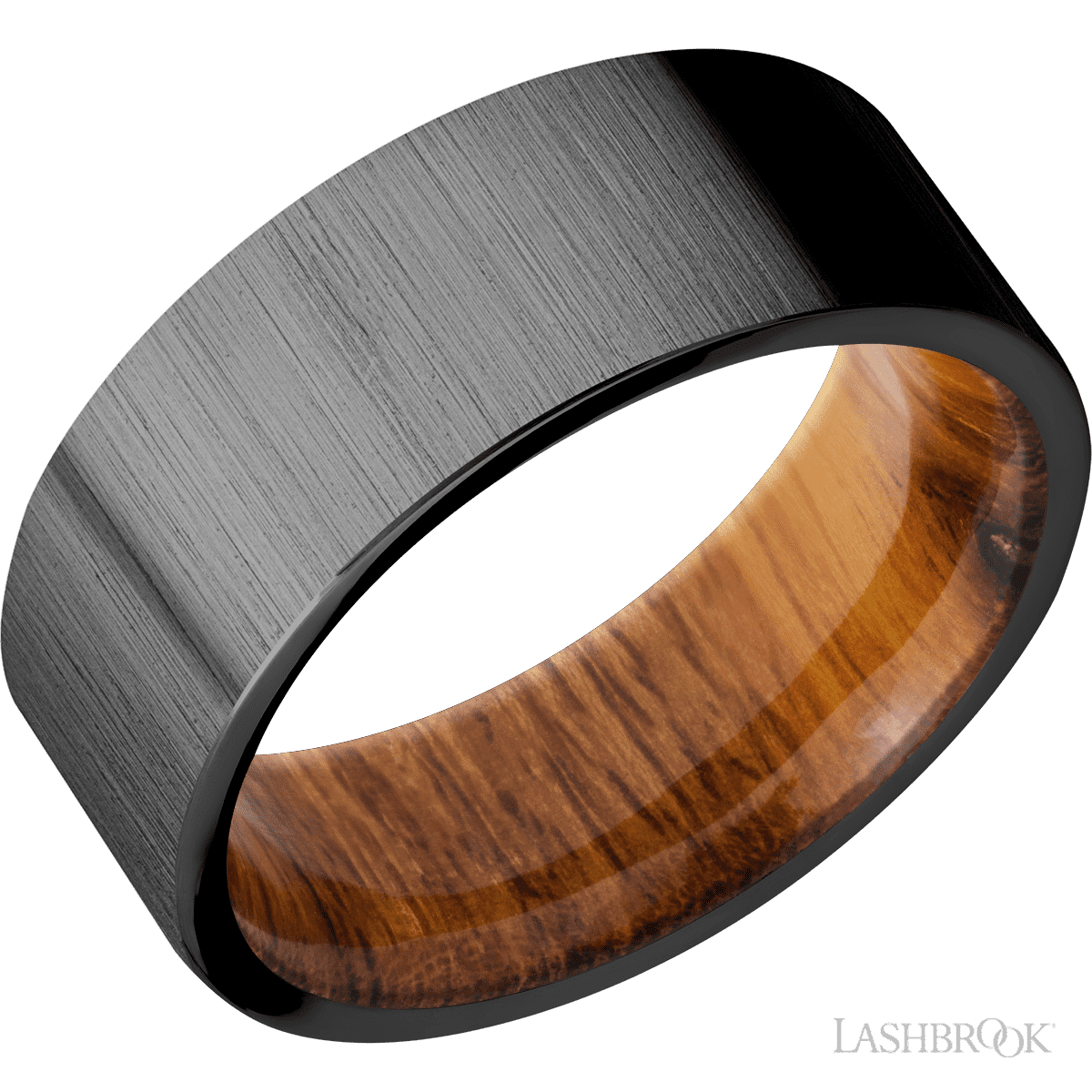 8 mm wide Flat Zirconium band featuring a Desert Iron Wood sleeve