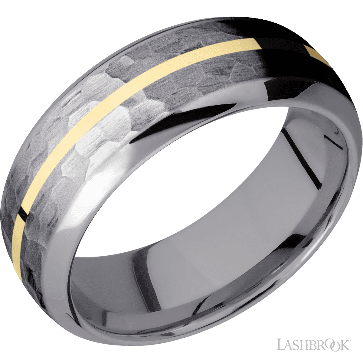 8 mm wide/Domed Bevel/Tantalum band with one 1 mm Centered inlay of 14K Yellow Gold