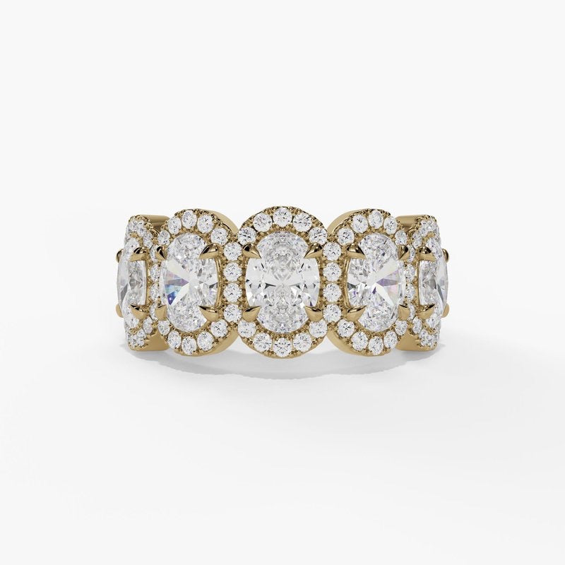 5 Stone Oval Cut Diamonds With Round Diamond Halo Band