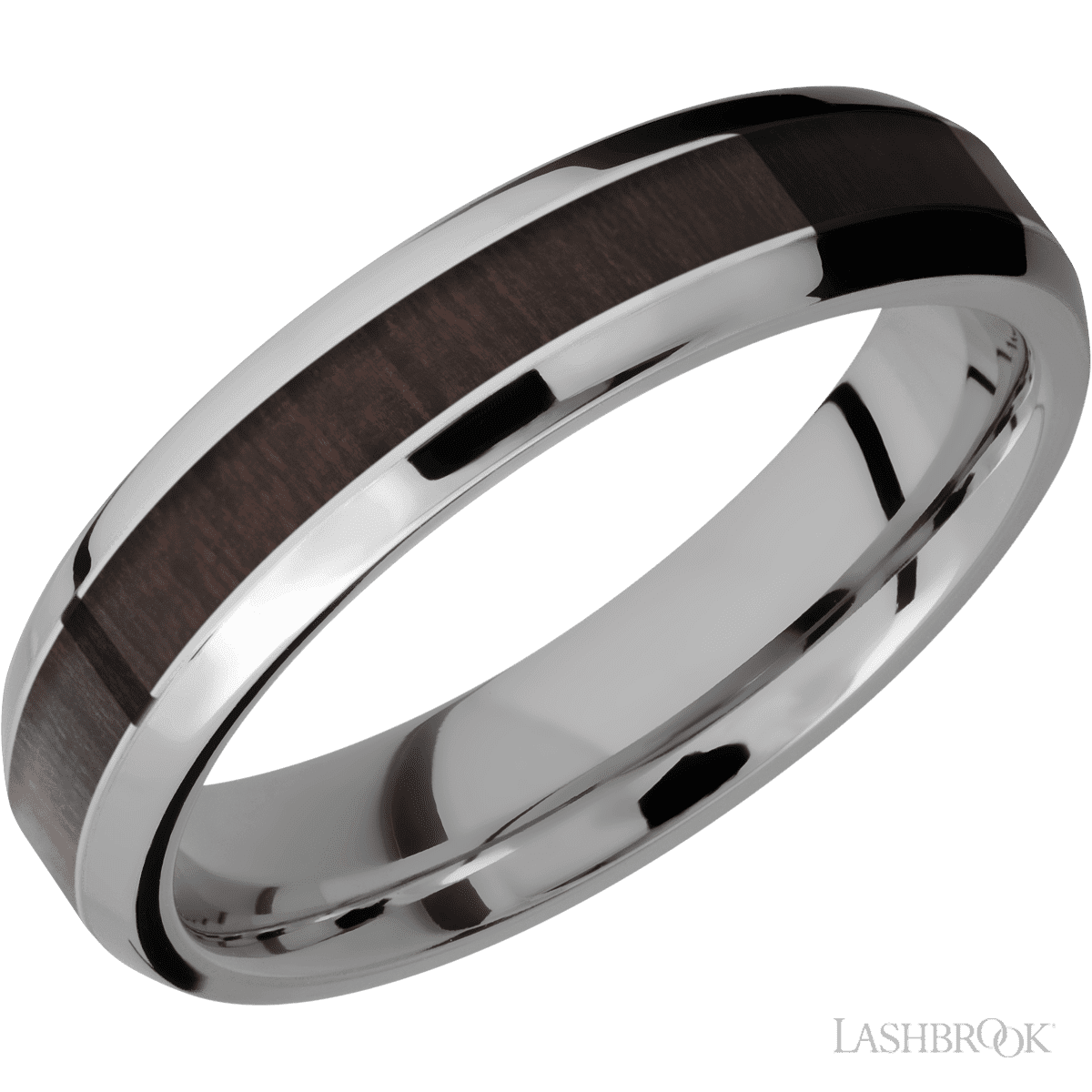 5 mm wide/Beveled/Titanium band with one 3 mm Centered inlay of Madagascar Rose Wood