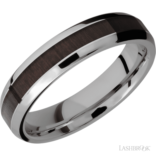 5 mm wide/Beveled/Titanium band with one 3 mm Centered inlay of Madagascar Rose Wood