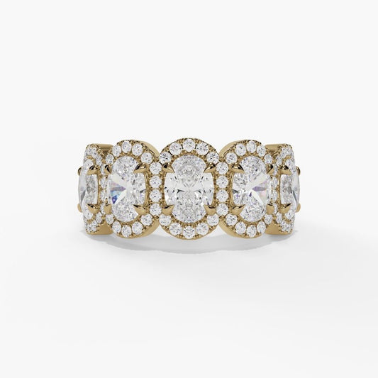5 Stone Oval Cut Diamonds With Round Diamond Halo Band