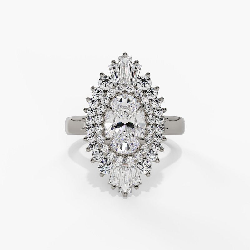 Tapered Baguette & Round Diamond Double Halo Engagement Ring